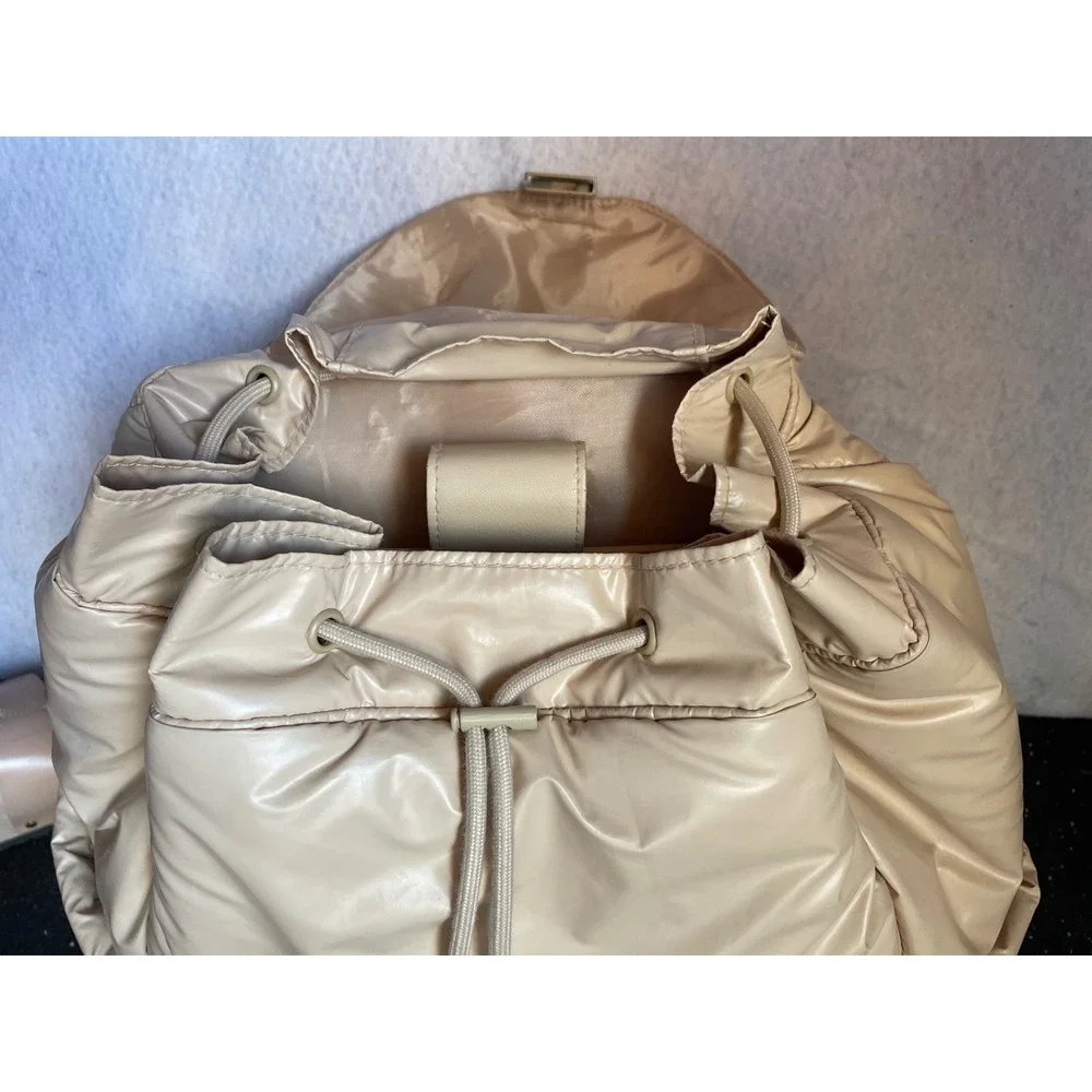 BEIS Puffy Cargo Backpack Beige Tan Quilted Lightweight Travel Bag Buckle Clasp